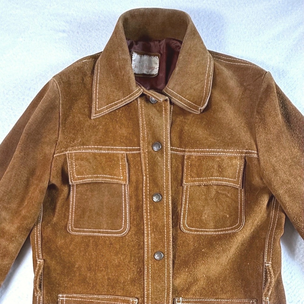Ramos Suede Leather Jacket Mens 34 Vintage Contrast Stitch Tan Brown